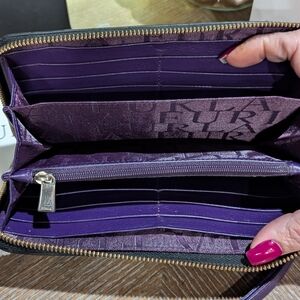EUC Vintage Furla Black and Purple Leather Zipper Wallet/Orig Box And Dust bag